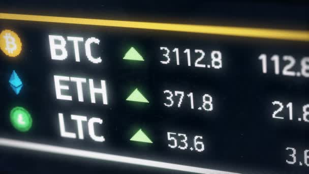 Bitcoin, Ether, Litecoin cryptocurrency prijzen groeiende, digitale geld winst waarde — Stockvideo