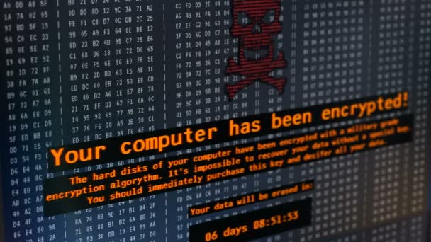 Petya viruset meddelande på datorskärmen, cyberattack, hackare kräver pengar — Stockvideo