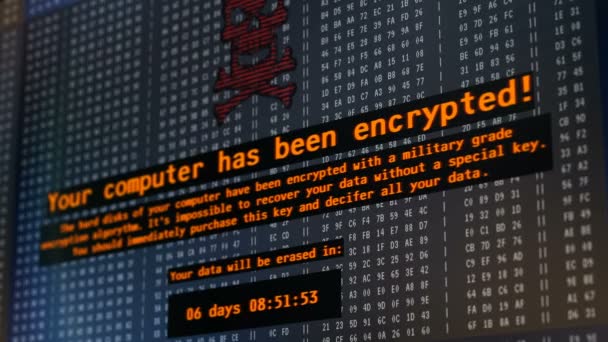 Petya cyber attack, varningsmeddelande på datorns bildskärm, hackare kryptera data — Stockvideo