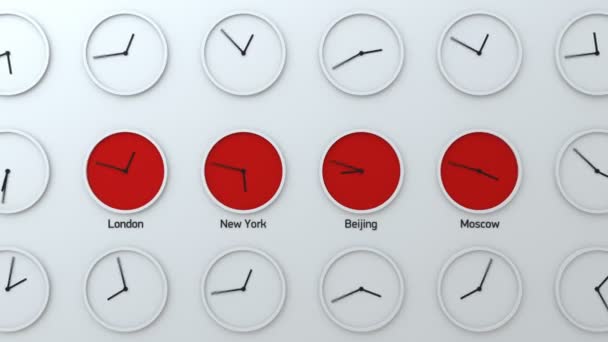 Zeitzonenuhren an der Wand, die Zeit vergeht wie im Flug, internationale Zeit — Stockvideo