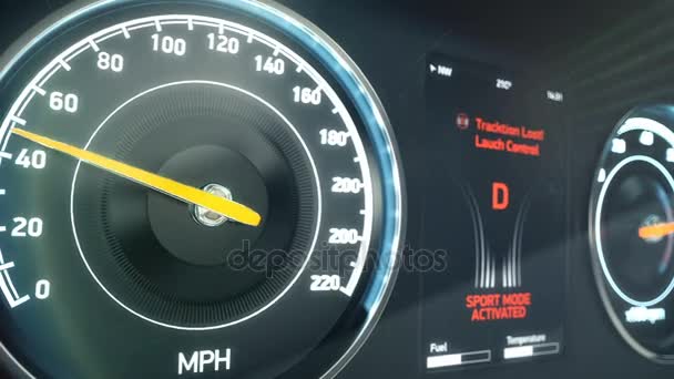 Спідометр спортивного автомобіля прискорює швидкість, контроль запуску, супер швидке водіння — стокове відео