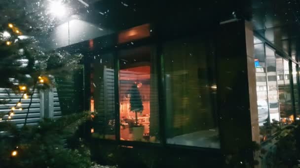 Cozy Restaurant Winter Night Snowing Visitors Enjoying Dinner Warmth — Stock Video