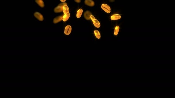 许多金色的烤咖啡豆落在黑色背景 慢动作 — 图库视频影像