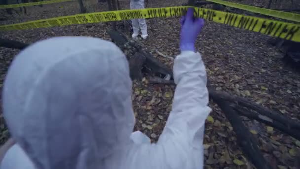 Peritos forenses nucleares em uniforme examinando área de perigo florestal, investigação — Vídeo de Stock