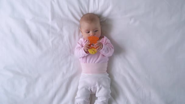 Bonito bebê mastigar brinquedo de dentição com gengivas saudáveis, sentindo-se seguro e confortável — Vídeo de Stock