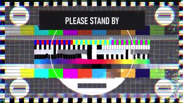 Please stand by text on TV screen, maintenance, no signal, silence, emergency — Stock Video