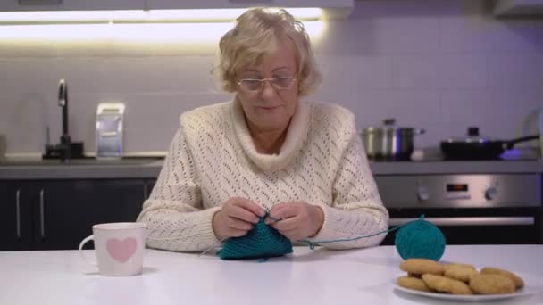 Vieille grand-mère tricot, sourire à la caméra, passe-temps de l'ancienne génération, pension — Video