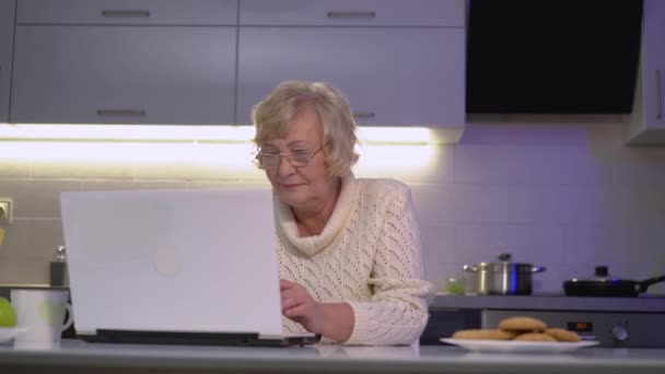 Mari attentionné étreignant femme âgée travaillant sur ordinateur portable, assis à la table, la famille — Video