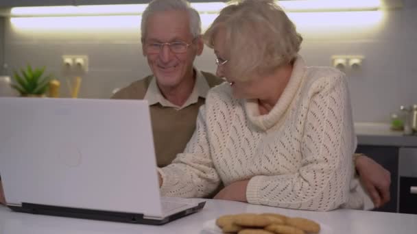 Счастливый пожилой мужчина и женщина разговаривают с детьми в Интернете через приложение для ноутбука — стоковое видео