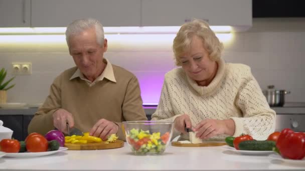 Healthy senior man and woman cooking fresh vegetable salad in kitchen together — Stock Video