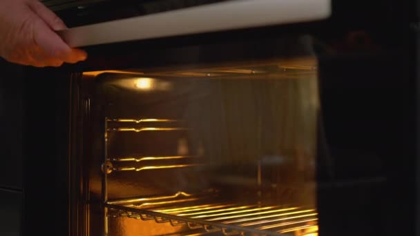 Gospodyni domowa umieszczenie patelni w gorącym piekarniku, gotowanie pyszne zdrowej kolacji — Wideo stockowe