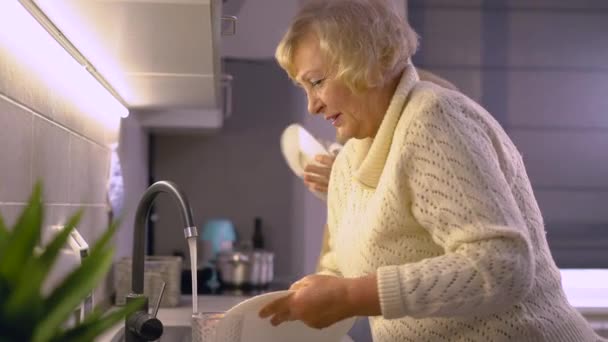 Hombre y mujer mayores sonriendo y lavando los platos después de la cena familiar juntos — Vídeo de stock