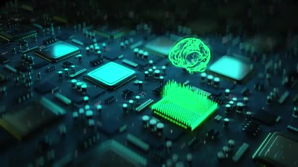 Компьютерный процессорный чип, машинный мозг, искусственный интеллект, обучение, наука — стоковое видео