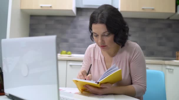 Femme d'affaires écrivant des idées dans un carnet, assise à table, rêvant de démarrage — Video