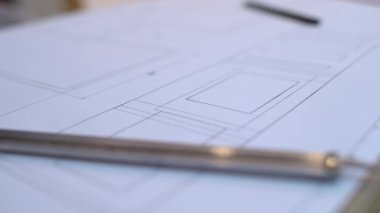 Mimari tasarım planı, yakın plan, mühendisin iş yeri, iç tasarım projesi