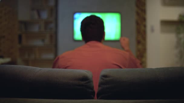 Возбужденный спортивный болельщик смотрит матч по телевизору, празднуя гол, довольный результатом — стоковое видео