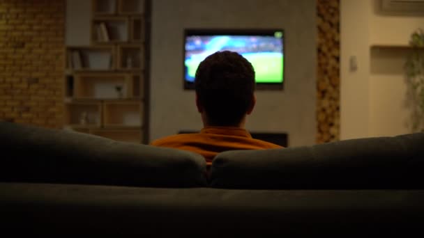 Achteraanzicht van de jongeman die voetbalwedstrijd op tv kijkt, ter ondersteuning van het nationale team — Stockvideo