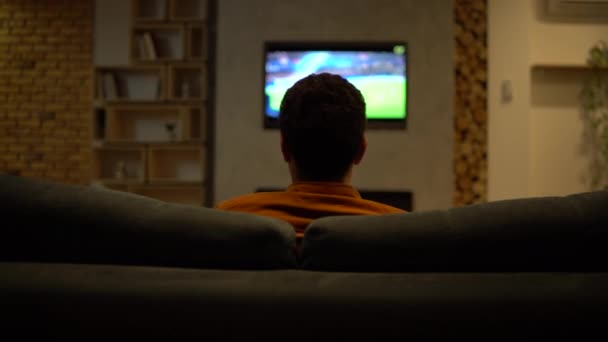 Vista trasera del joven viendo el partido de fútbol en la televisión, apoyando a la selección nacional — Vídeo de stock