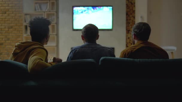 Мужчины смотрят футбольный матч по телевизору, звенят пивные очки, вид сзади — стоковое видео