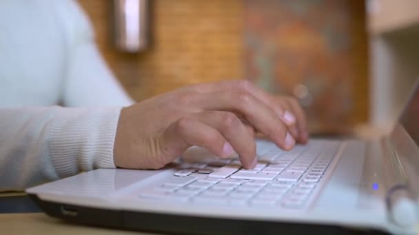 Mannelijke handen typen op laptop, programmeur werken aan project, modern beroep — Stockvideo