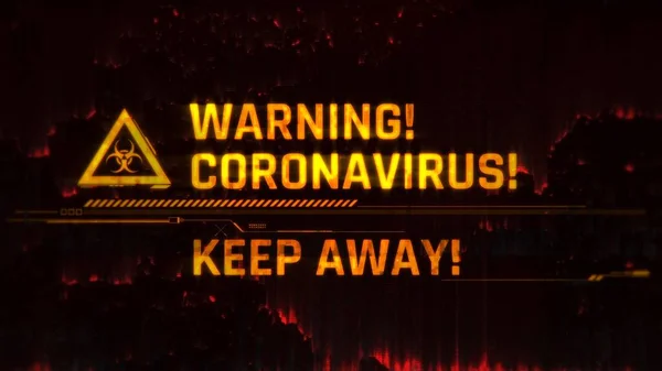コロナウイルス 遠ざけて 画面上のメッセージ 危険記号 — ストック写真