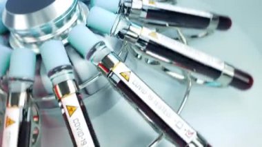 COVID-19 Coronavirus testi, kan örnekleriyle dönen santrifüj test tüpleri. SARS-CoV-2 algılaması, çevrilebilir video