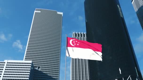 Bandera de Singapur ondeando en el viento, rascacielos de la ciudad en el fondo — Vídeo de stock