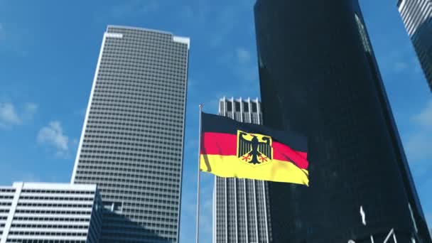 Vlajka Německa vlnící se ve větru za slunečného dne, město mrakodrapy pozadí — Stock video