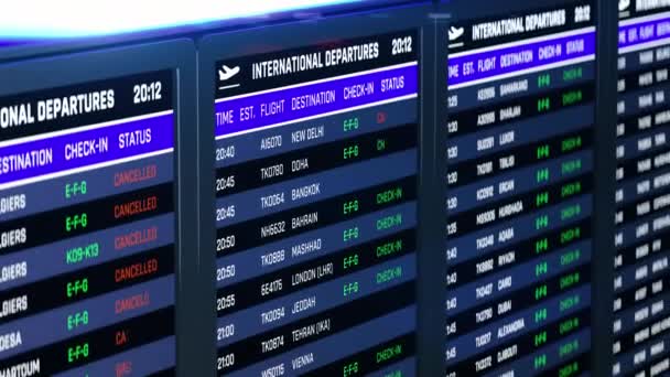Törölt járatok az indulási fedélzeten, nemzetközi utazási tilalom, repülőtéri lezárás — Stock videók