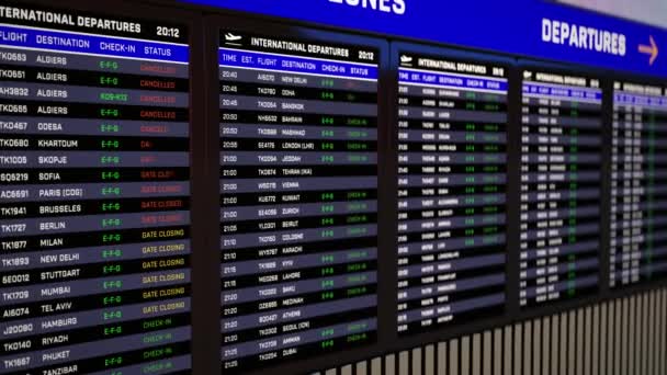 Alla flyg inställda på internationell avgång ombord, reseförbud, avstängning — Stockvideo
