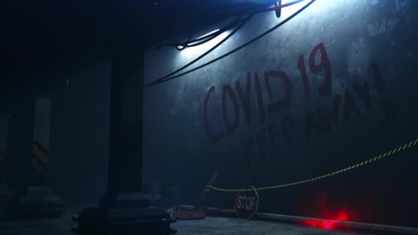 COVID-19 pandemia post-apocalittica futuro, tenere lontano scritto sul muro, orrore — Video Stock