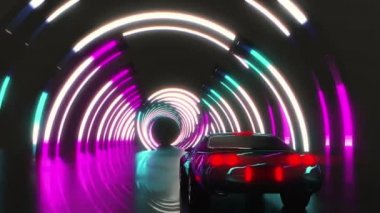 Neon ışıklı tüneldeki kaslı araba, mavi ve mor, synthwave, buhar dalgası, retro