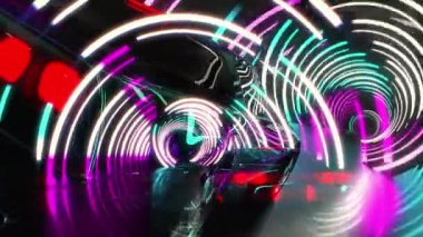 Retro araba neon ışıklı tünel, synthwave müzik arka planı, rüya gibi