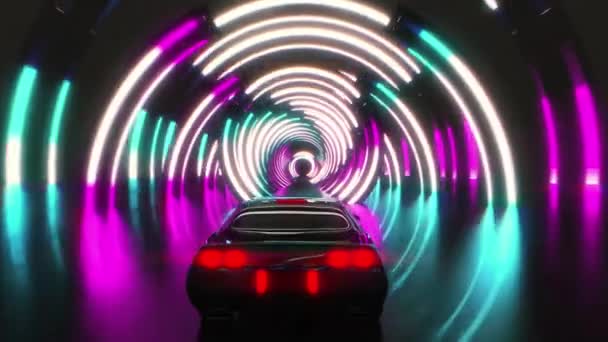 Muscle car driving in endless blue and purple neon tunnel, retrotrack, synthwave — Stock Video