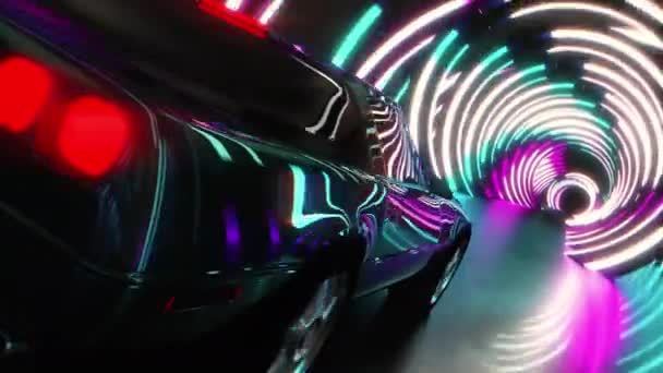 Відбиття неонових вогнів на автомобілі, що рухається в тунелі, синхронна доріжка, анімація — стокове відео