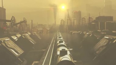 Kirli sanayi bölgesinde yoğun sis, gelecekteki şehir manzarası, petrol kargo treni