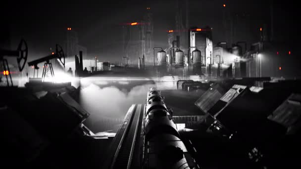 Black and white cargo train moving through industrial district, film noir — Stock Video