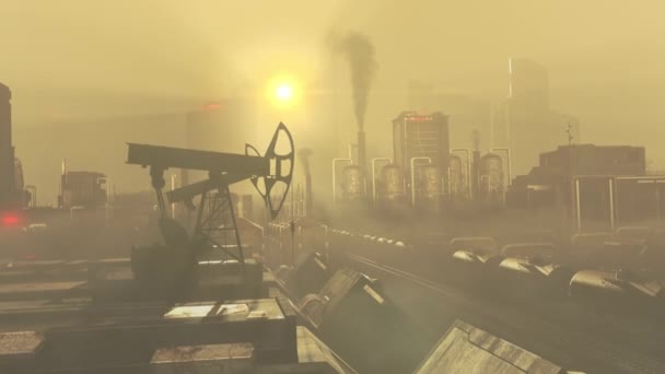 Ölpumpenwippe im Industriegebiet, starker Smog, Güterzug fährt in schmutzige Stadt — Stockvideo