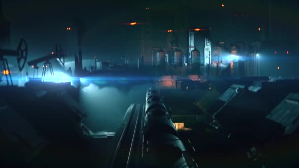 Industrial city, train carrying cargo at night, oil pump rockers, factories — Stock Video