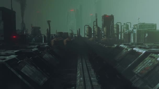 Treno in movimento attraverso il distretto industriale pesante, città apocalittica, retrofuturismo — Video Stock