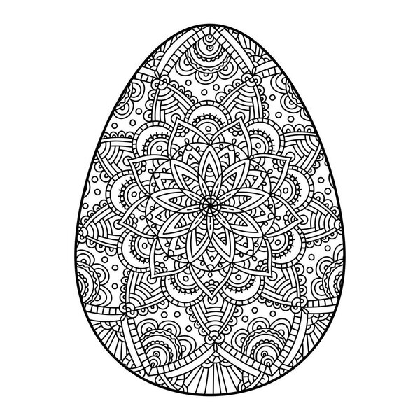 Vector illustration of an Easter egg with a mandala pattern, coloring, isolated on a white background.