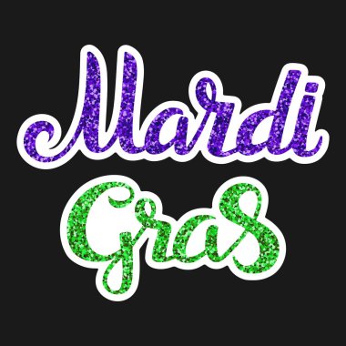 El yazısıyla yazılan yazı Mardi Gras izole siyah arka plan üzerine Sim efektli vektör çizim.