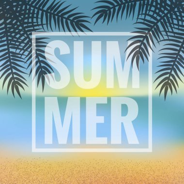 Yaz arka plan bulanık palmiye ağaçları, deniz, kum ve yaz yazıt beyaz bir çerçeve içinde.