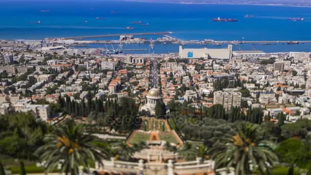 Haifa Bahai vista al jardín al mar — Vídeo de stock