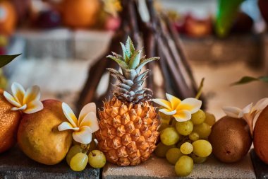 Güzel meyve ile arka plan bulanık düzenlenmiş