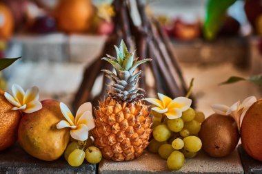 Güzel meyve ile arka plan bulanık düzenlenmiş