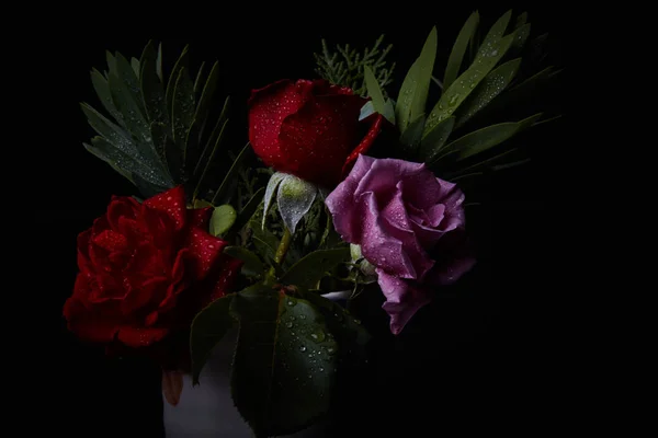 Bouquet - variety of flowers, studio shot with black backdrop — Stock Photo, Image