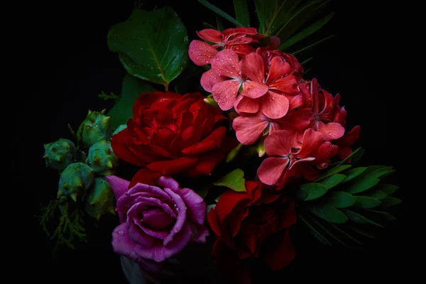 Ramillete - variedad de flores, plano de estudio con fondo negro —  Fotos de Stock