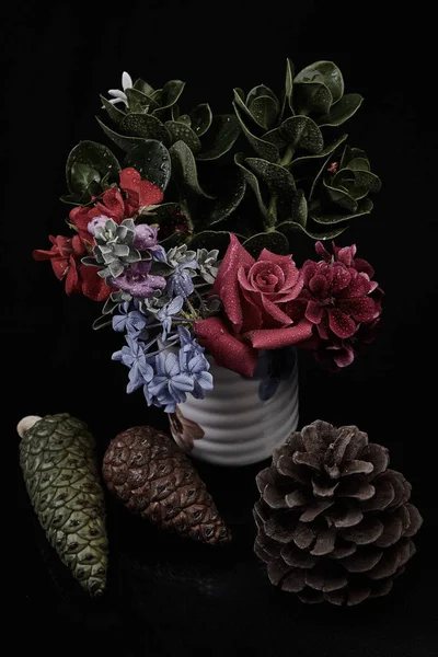 Букет - різноманітність квітів, студійний знімок з чорним тлом — стокове фото