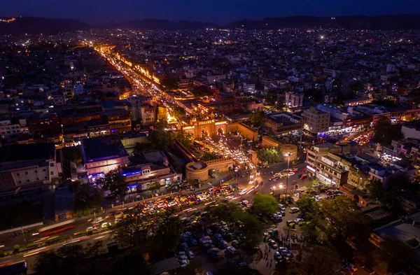 Jaipur pink city gate at night, India, aerial drone view